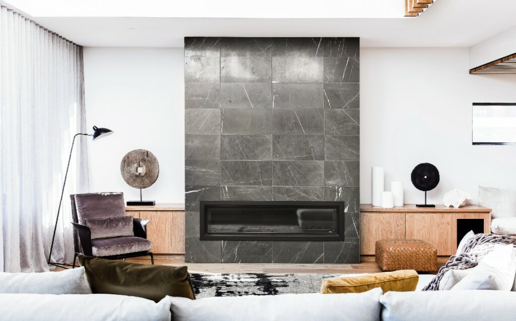 pietra grey marble fireplace