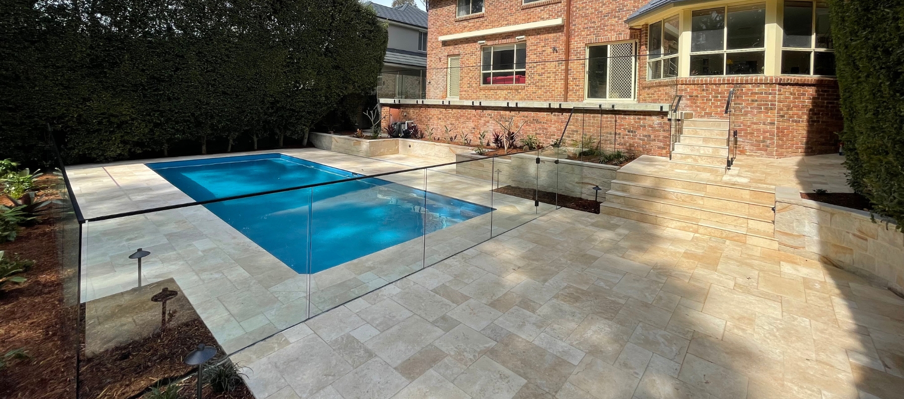 Classic Travertine French Pattern Poolside St Ives project (1)