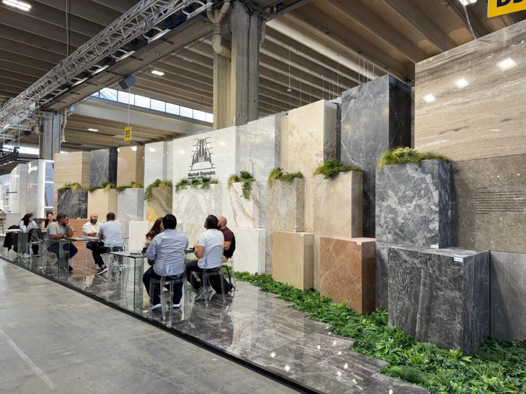 Sareen Stone team showcasing Australian natural stone designs at Marmomac 2025 in Verona, Italy.